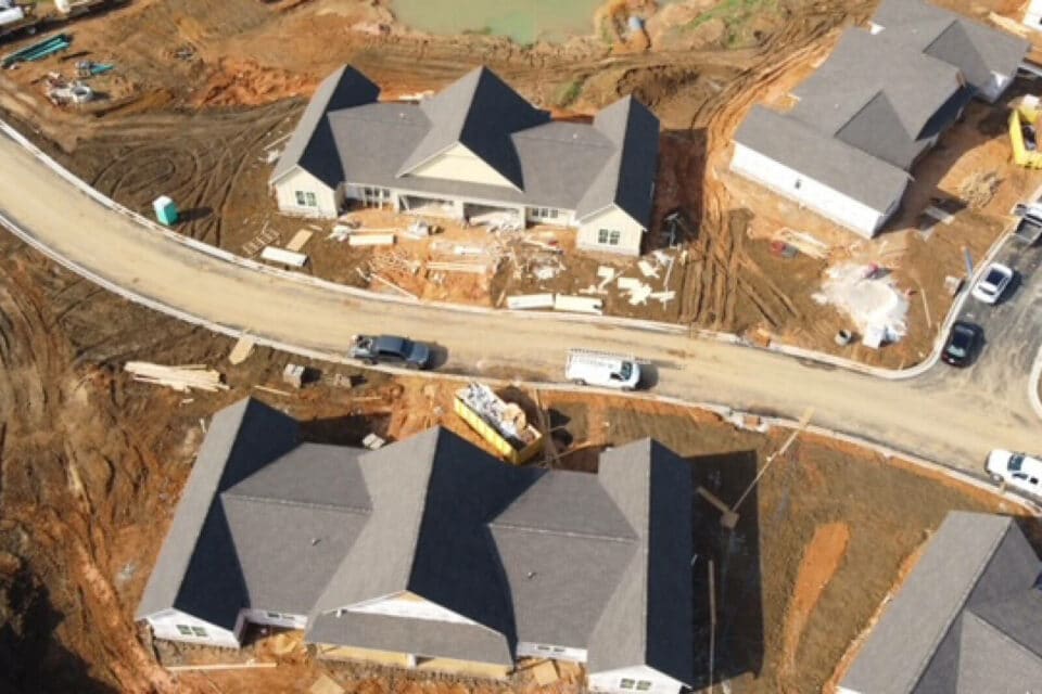Aerial view of the cottages under construction.