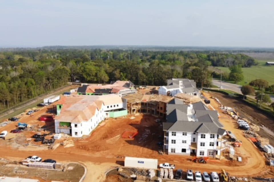 Aerial view of community under construction.