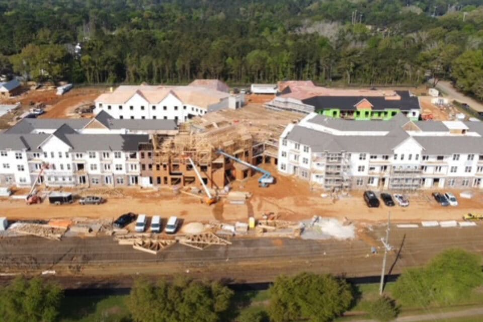 Aerial view of community under construction.