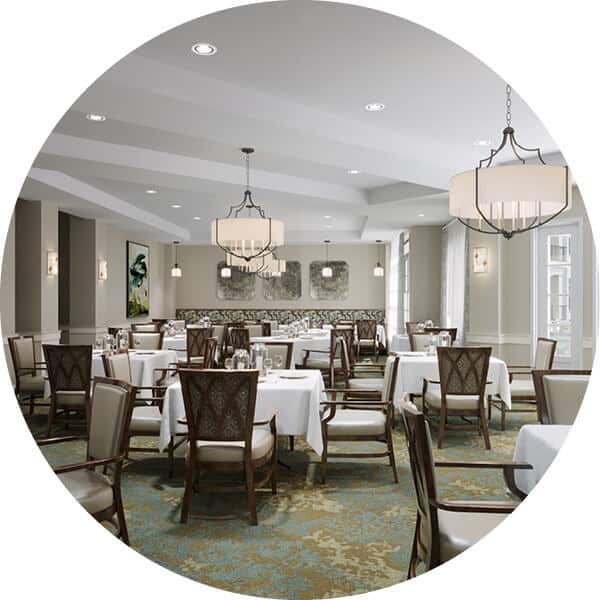 3D digital rendering of form dining room filled with dark wood tables and chairs covered by white tablecloths., beige walls green and beige patterned carpeting, cream and bronze chandeliers as well as paintings at back of room and windows to the right.