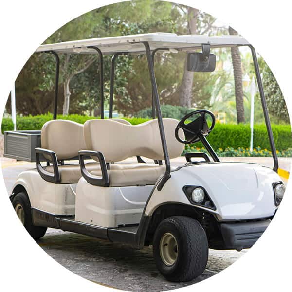 View of four seated white golf cart with bushes and trees behind.